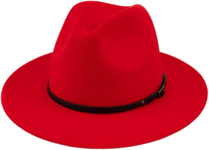 Lanzom Womens Classic Wide Brim Floppy Panama Hat Belt Buckle Wool Fedora Hat Apparel & Accessories > Clothing Accessories > Hats Lanzom Red One Size 