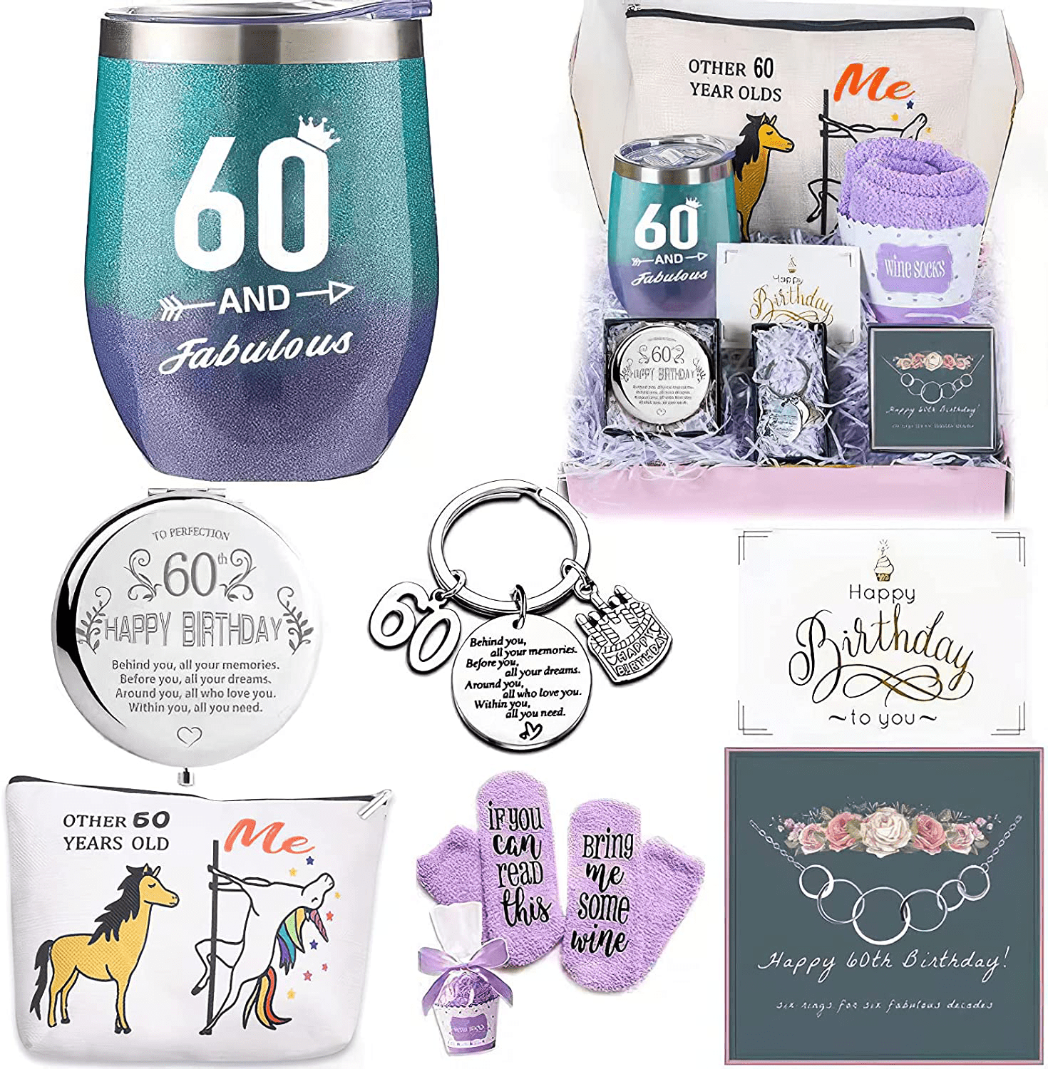 50th Birthday Gifts Box for women with 6 Special & Unique Gifts for Mom Sister Best Friend Wife Grandma Coworker | Funny Wine Gift Ideas Mirror Funny Socks Jewelry Makeup Bag Keychain Arts & Entertainment > Party & Celebration > Gift Giving Brigruk 60th Birtday Gift Set  