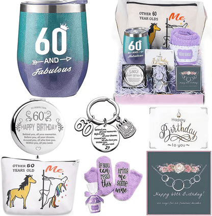 50th Birthday Gifts Box for women with 6 Special & Unique Gifts for Mom Sister Best Friend Wife Grandma Coworker | Funny Wine Gift Ideas Mirror Funny Socks Jewelry Makeup Bag Keychain Arts & Entertainment > Party & Celebration > Gift Giving Brigruk 60th Birtday Gift Set  