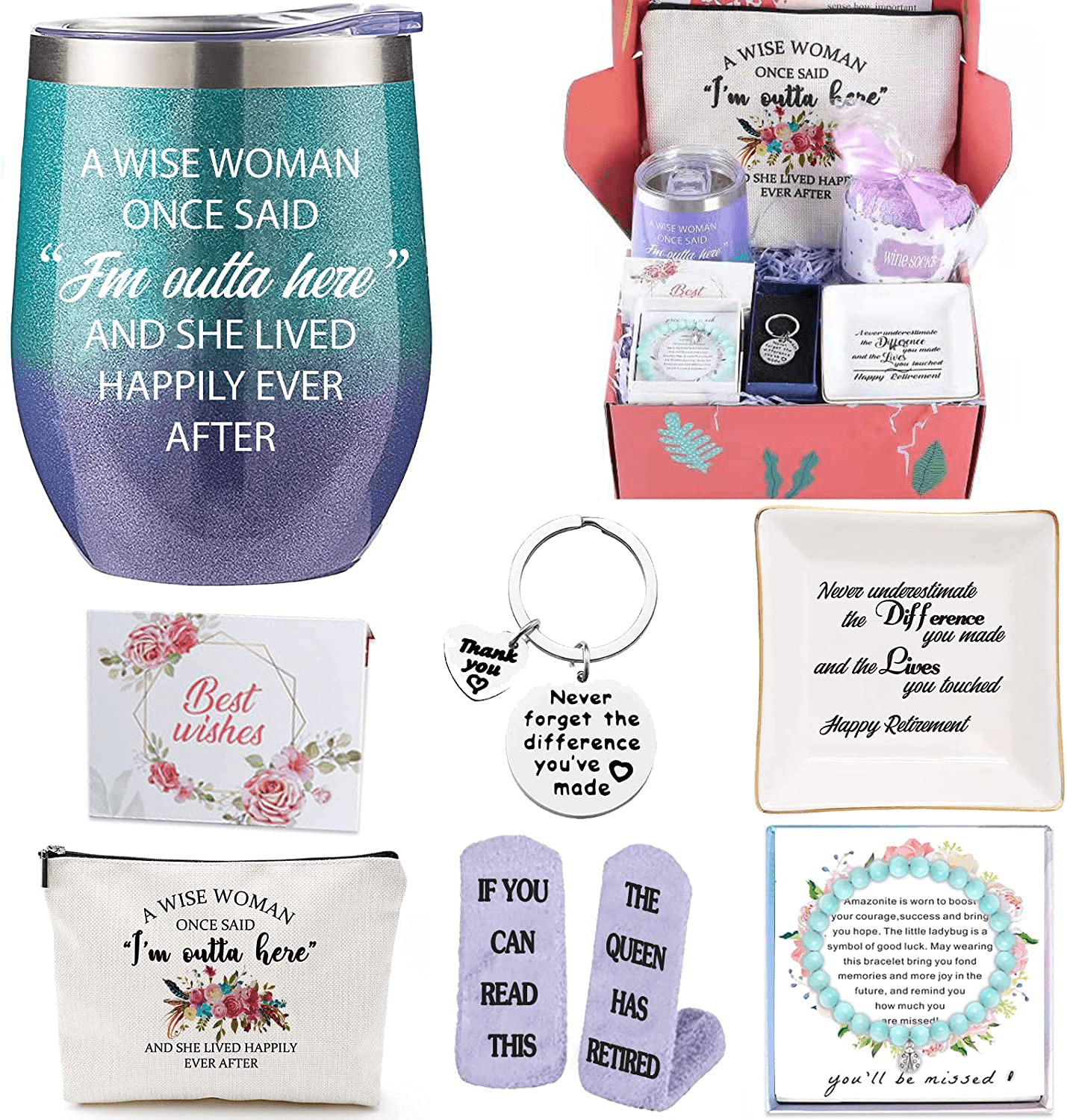 50th Birthday Gifts Box for women with 6 Special & Unique Gifts for Mom Sister Best Friend Wife Grandma Coworker | Funny Wine Gift Ideas Mirror Funny Socks Jewelry Makeup Bag Keychain Arts & Entertainment > Party & Celebration > Gift Giving Brigruk retirement gift set  