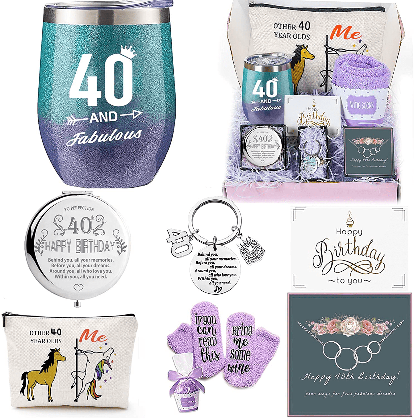 50th Birthday Gifts Box for women with 6 Special & Unique Gifts for Mom Sister Best Friend Wife Grandma Coworker | Funny Wine Gift Ideas Mirror Funny Socks Jewelry Makeup Bag Keychain Arts & Entertainment > Party & Celebration > Gift Giving Brigruk 40th Birtday Gift Set  