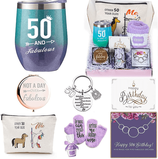 50th Birthday Gifts Box for women with 6 Special & Unique Gifts for Mom Sister Best Friend Wife Grandma Coworker | Funny Wine Gift Ideas Mirror Funny Socks Jewelry Makeup Bag Keychain Arts & Entertainment > Party & Celebration > Gift Giving Brigruk 50th Birtday Gift Set  