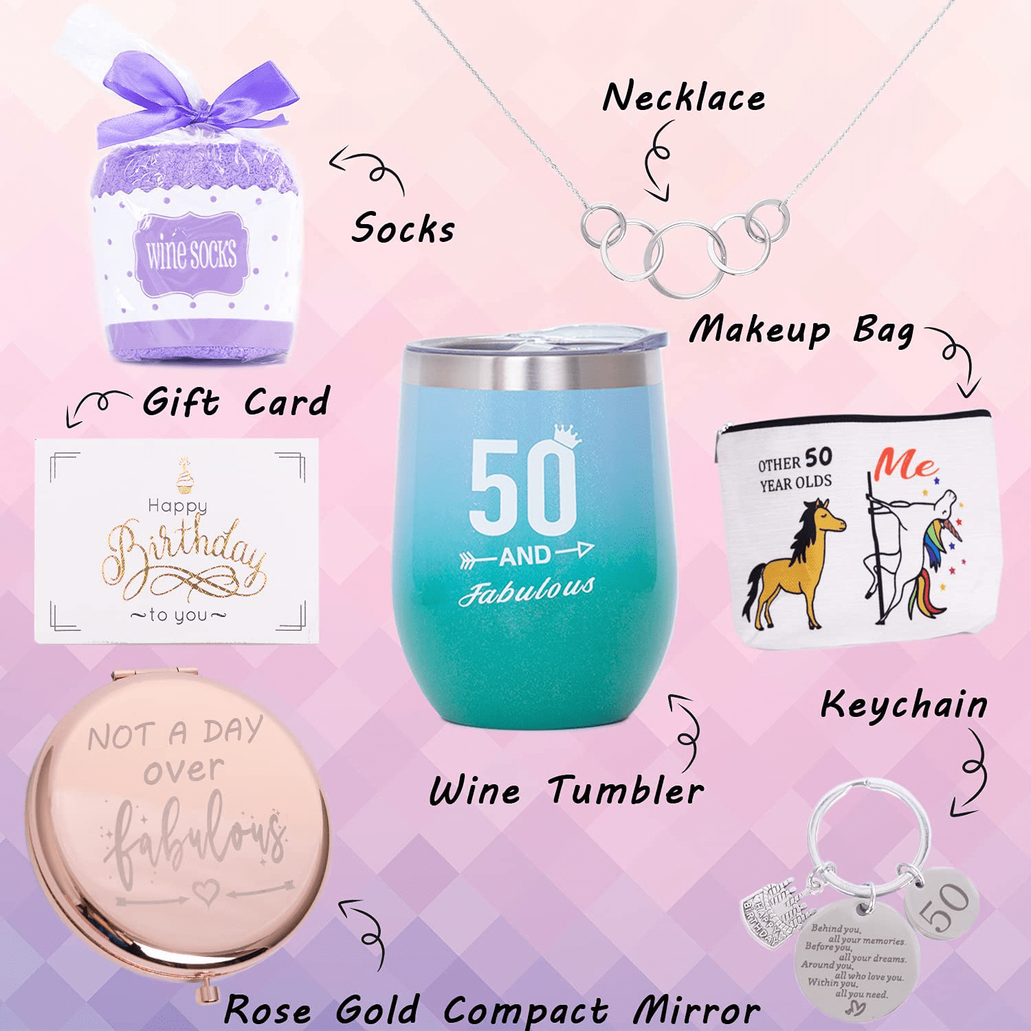 50th Birthday Gifts Box for women with 6 Special & Unique Gifts for Mom Sister Best Friend Wife Grandma Coworker | Funny Wine Gift Ideas Mirror Funny Socks Jewelry Makeup Bag Keychain Arts & Entertainment > Party & Celebration > Gift Giving Brigruk   
