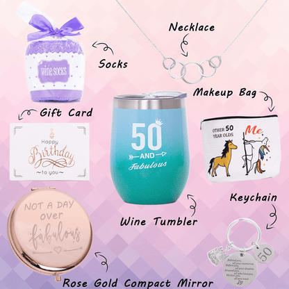 50th Birthday Gifts Box for women with 6 Special & Unique Gifts for Mom Sister Best Friend Wife Grandma Coworker | Funny Wine Gift Ideas Mirror Funny Socks Jewelry Makeup Bag Keychain Arts & Entertainment > Party & Celebration > Gift Giving Brigruk   
