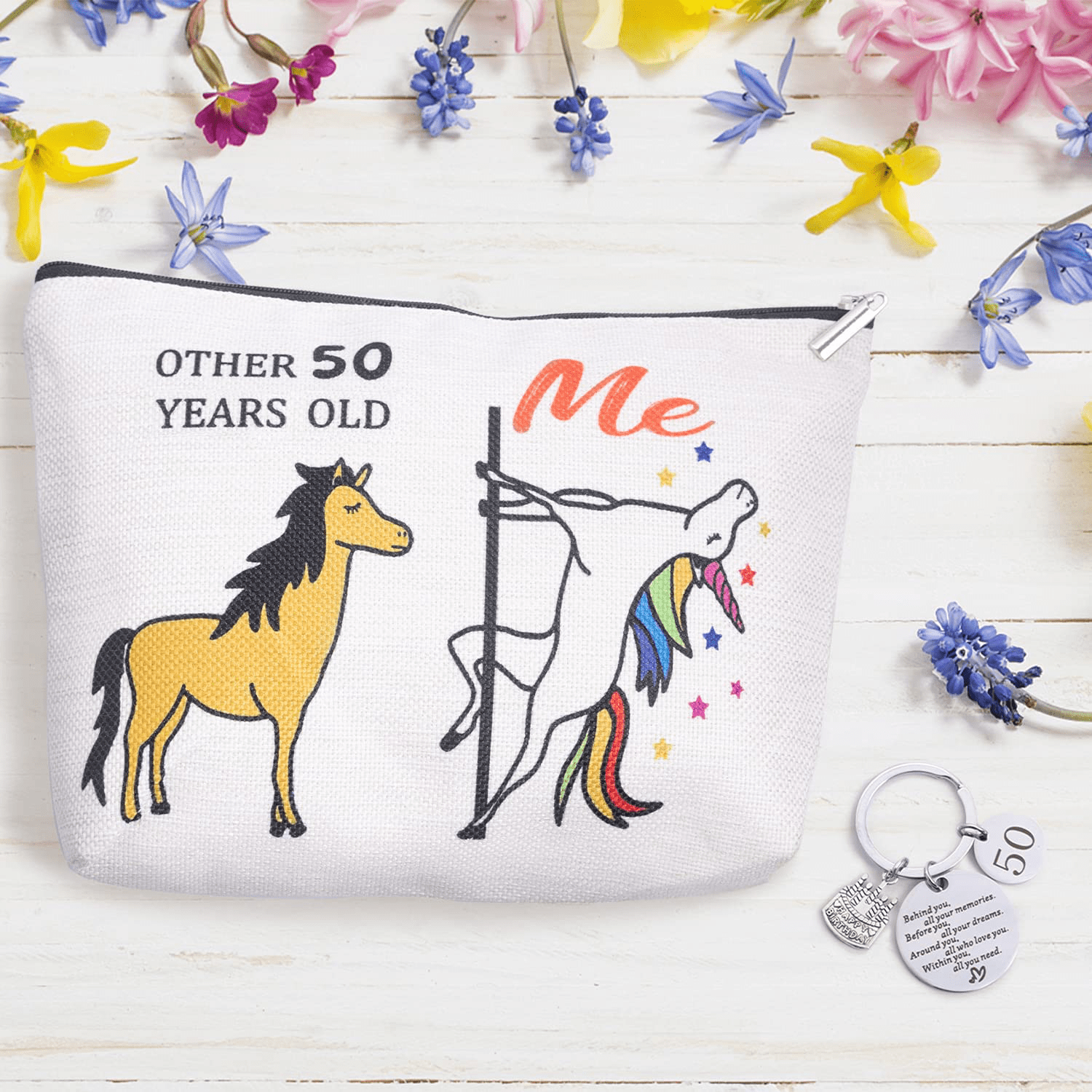 50th Birthday Gifts Box for women with 6 Special & Unique Gifts for Mom Sister Best Friend Wife Grandma Coworker | Funny Wine Gift Ideas Mirror Funny Socks Jewelry Makeup Bag Keychain Arts & Entertainment > Party & Celebration > Gift Giving Brigruk   