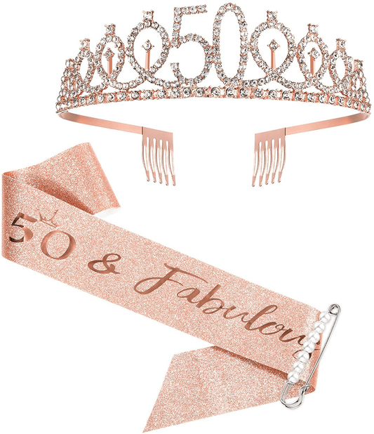 50th Birthday Sash and Tiara for Women, Rose Gold Birthday Sash Crown 50 & Fabulous Sash and Tiara for Women, 50th Birthday Gifts for Happy 50th Birthday Party Favor Supplies Arts & Entertainment > Party & Celebration > Gift Giving BRT Bearingshui   