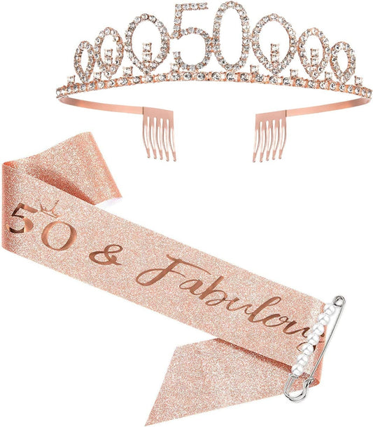 50Th Birthday Sash and Tiara for Women, Rose Gold Birthday Sash Crown 50 & Fabulous Sash and Tiara for Women, 50Th Birthday Gifts for Happy 50Th Birthday Party Favor Supplies Apparel & Accessories > Clothing Accessories > Sashes BRT Bearingshui   