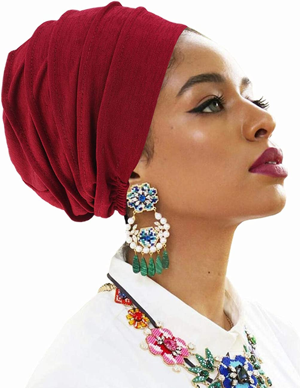 Pleated Chemo Cotton Turban Hat Alopecia Headwear Bald Head Cap for Cancer Covers Women Scarf Apparel & Accessories > Clothing Accessories > Headwear Harewom Red One Size-Large 