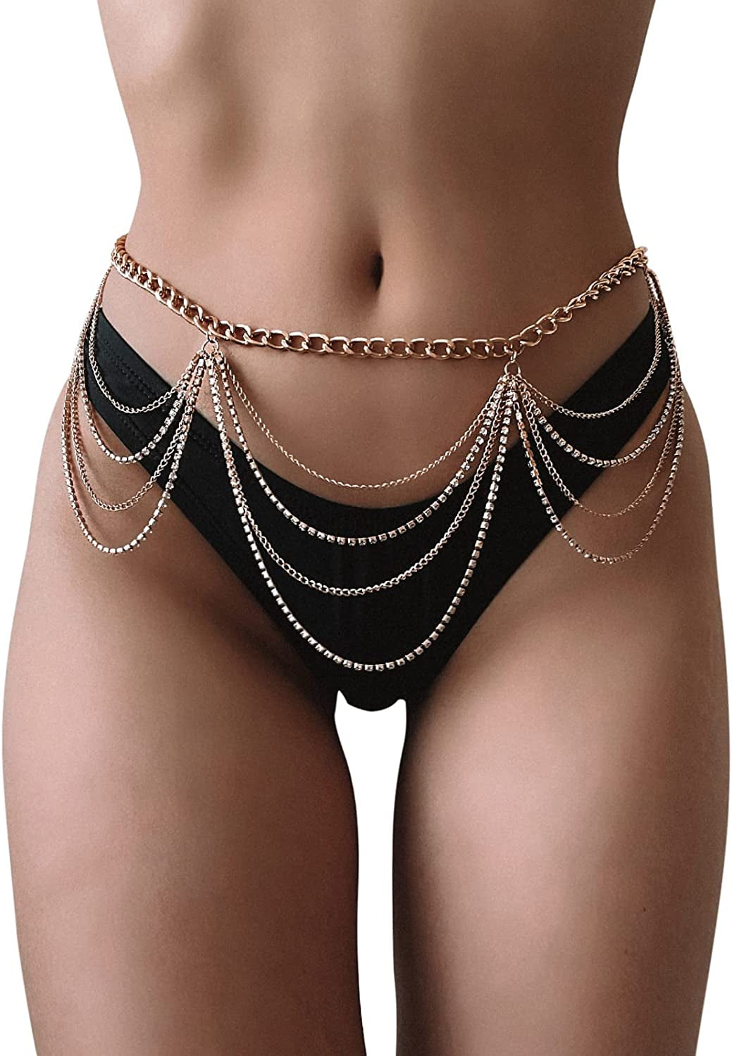 Body Chains Belts for Women Girls Sexy Waist Chain Rhinestone Body Jewelry Rave Outfits Festival Accessories Apparel & Accessories > Jewelry > Body Jewelry FNQUFUJ Gold03  