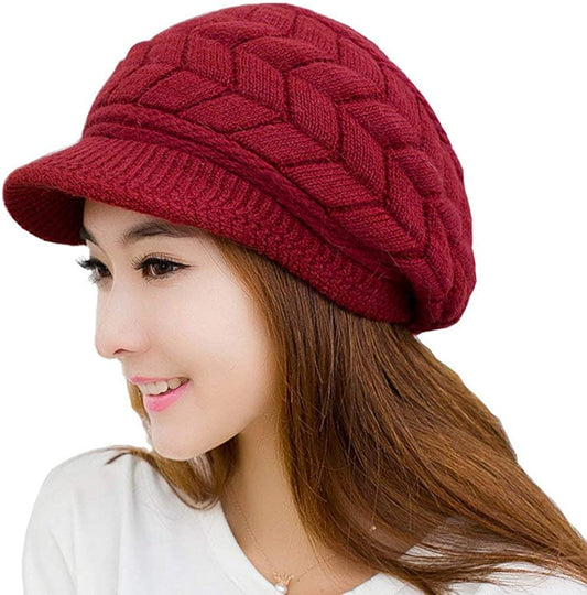 HINDAWI Women Winter Warm Knit Hat Wool Snow Ski Caps with Visor Apparel & Accessories > Clothing Accessories > Hats HINDAWI Wine  