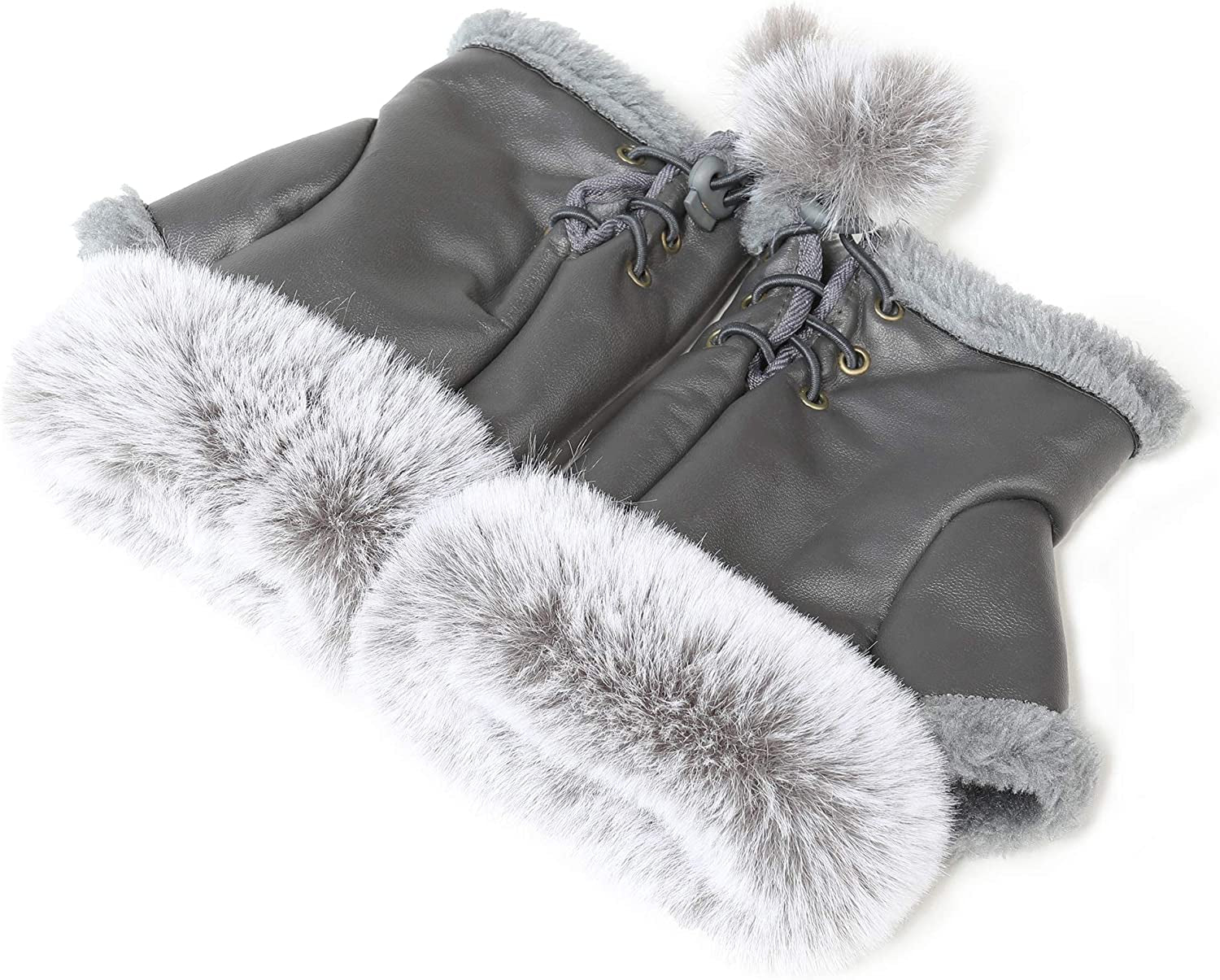 Winter Fingerless Gloves Cute Typing Gloves Fuzzy Furry Leather Mittens Faux Fur Lined Gloves Warm Hands Warmer Gloves Women Apparel & Accessories > Clothing Accessories > Gloves & Mittens Fur Story Grey  