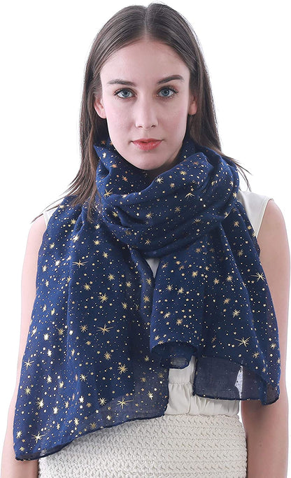 Lina & Lily Silver Gold Glitters Shimmer Foil Stars Women Scarf Shawl Wrap Apparel & Accessories > Clothing Accessories > Scarves & Shawls Lina & Lily Navy Blue (Gold Stars)  