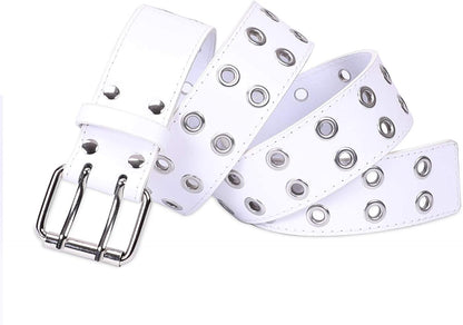 Double Grommet PU Leather Belt for Women/Men Punk Metal Jean Belt Wide 1.5 Inch Apparel & Accessories > Clothing Accessories > Belts XZQTIVE   