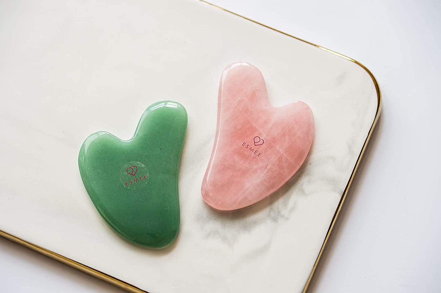 Gua Sha Facial Tool Set by Esmee 2 in 1 Premium Massage Therapy Tools Jade and Rose Quartz Guasha Face Massage Tool Anti-Aging Beauty Therapy for Skin Rejuvenation Face Scraping Tools (Heart Shape) Health & Beauty > Personal Care > Cosmetics > Cosmetic Tools > Skin Care Tools Esmee Beauty and Lifestyle   