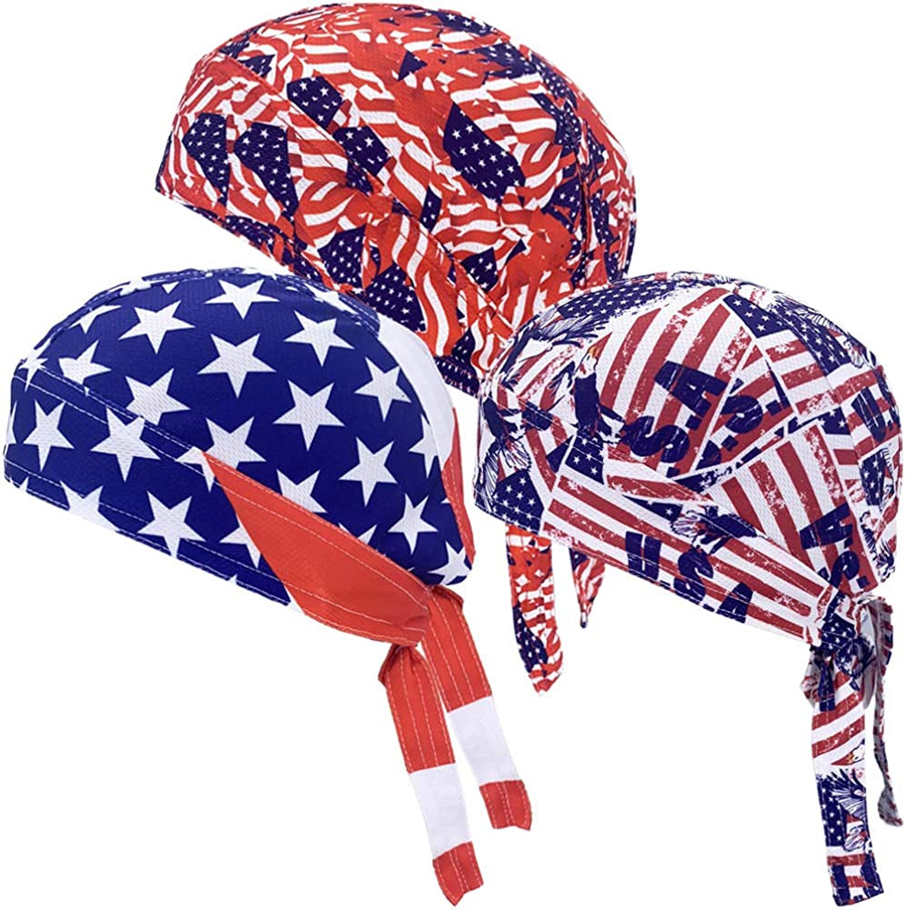 Sweat Wicking Doo Rag Cooling Dew Rag Helmet Liner Hat Large Motorcycle Head Wrap Bandana Skull Caps for Men and Women Apparel & Accessories > Clothing Accessories > Bandanas & Headties JHYWELL Patriotic Pack  