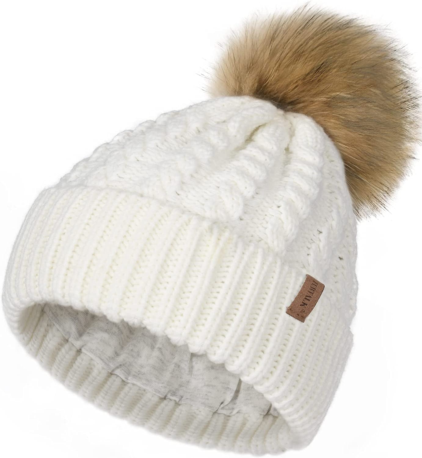 FURTALK Winter Beanie Hat for Women Cotton Lined Faux Fur Pom Pom Hats Womens Warm Thick Knit Skull Cap Apparel & Accessories > Clothing Accessories > Hats KYLIE MAX 01 White One Size 