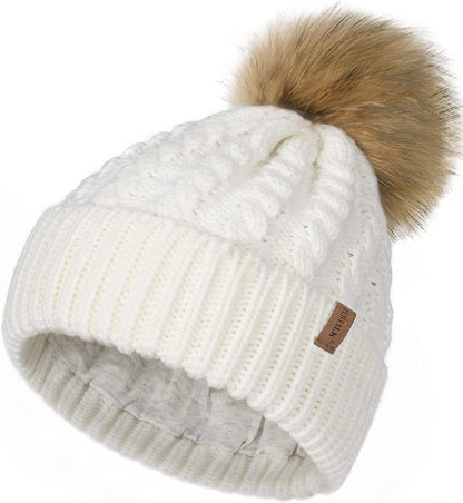 FURTALK Winter Beanie Hat for Women Cotton Lined Faux Fur Pom Pom Hats Womens Warm Thick Knit Skull Cap Apparel & Accessories > Clothing Accessories > Hats KYLIE MAX 01 White One Size 