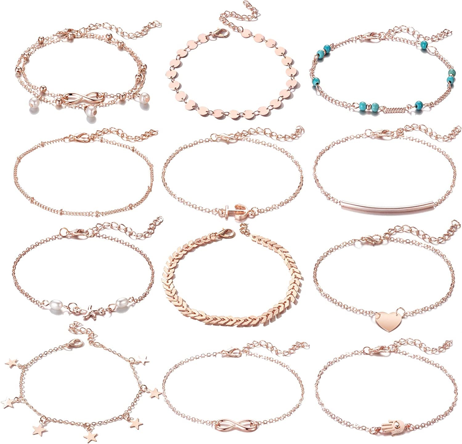 Softones 12Pcs Ankle Bracelets for Women Girls Gold Silver Two Style Chain Beach Anklet Bracelet Jewelry Anklet Set,Adjustable Size Apparel & Accessories > Jewelry > Anklets Softones D:Rose Gold  