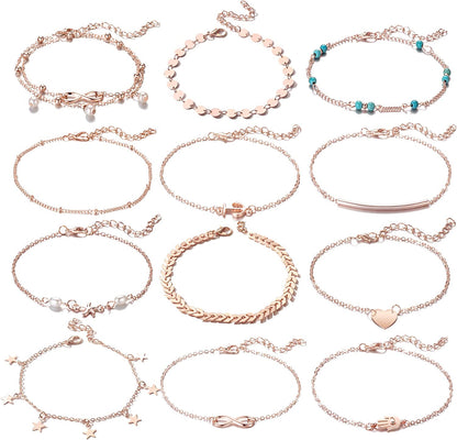 Softones 12Pcs Ankle Bracelets for Women Girls Gold Silver Two Style Chain Beach Anklet Bracelet Jewelry Anklet Set,Adjustable Size Apparel & Accessories > Jewelry > Anklets Softones D:Rose Gold  