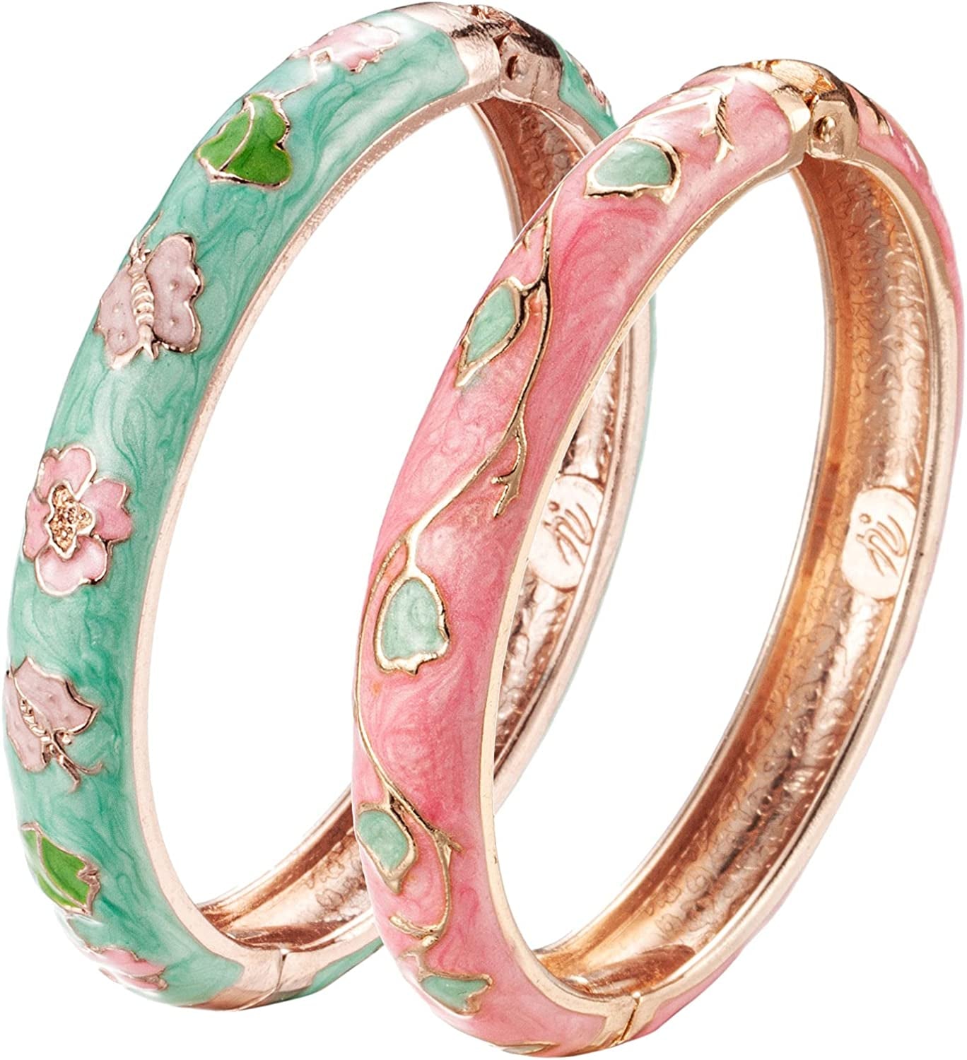 UJOY Cloisonne Bracelet Butterfly Gold Hinge Indian Cuff Bangle Enameled Jewelry Flower Bracelets for Women Gift Box 55A114 Apparel & Accessories > Jewelry > Bracelets UJOY 2 Pcs/Set-A67-Pink and Green  