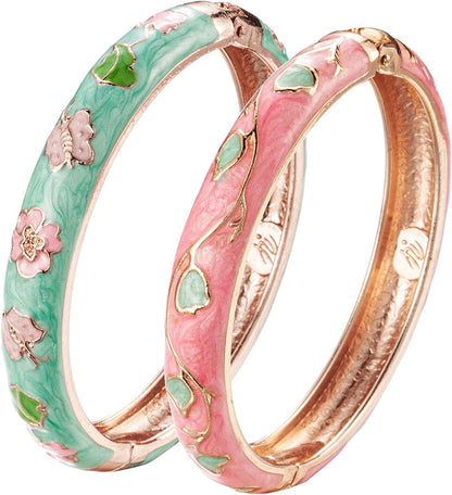 UJOY Cloisonne Bracelet Butterfly Gold Hinge Indian Cuff Bangle Enameled Jewelry Flower Bracelets for Women Gift Box 55A114 Apparel & Accessories > Jewelry > Bracelets UJOY 2 Pcs/Set-A67-Pink and Green  