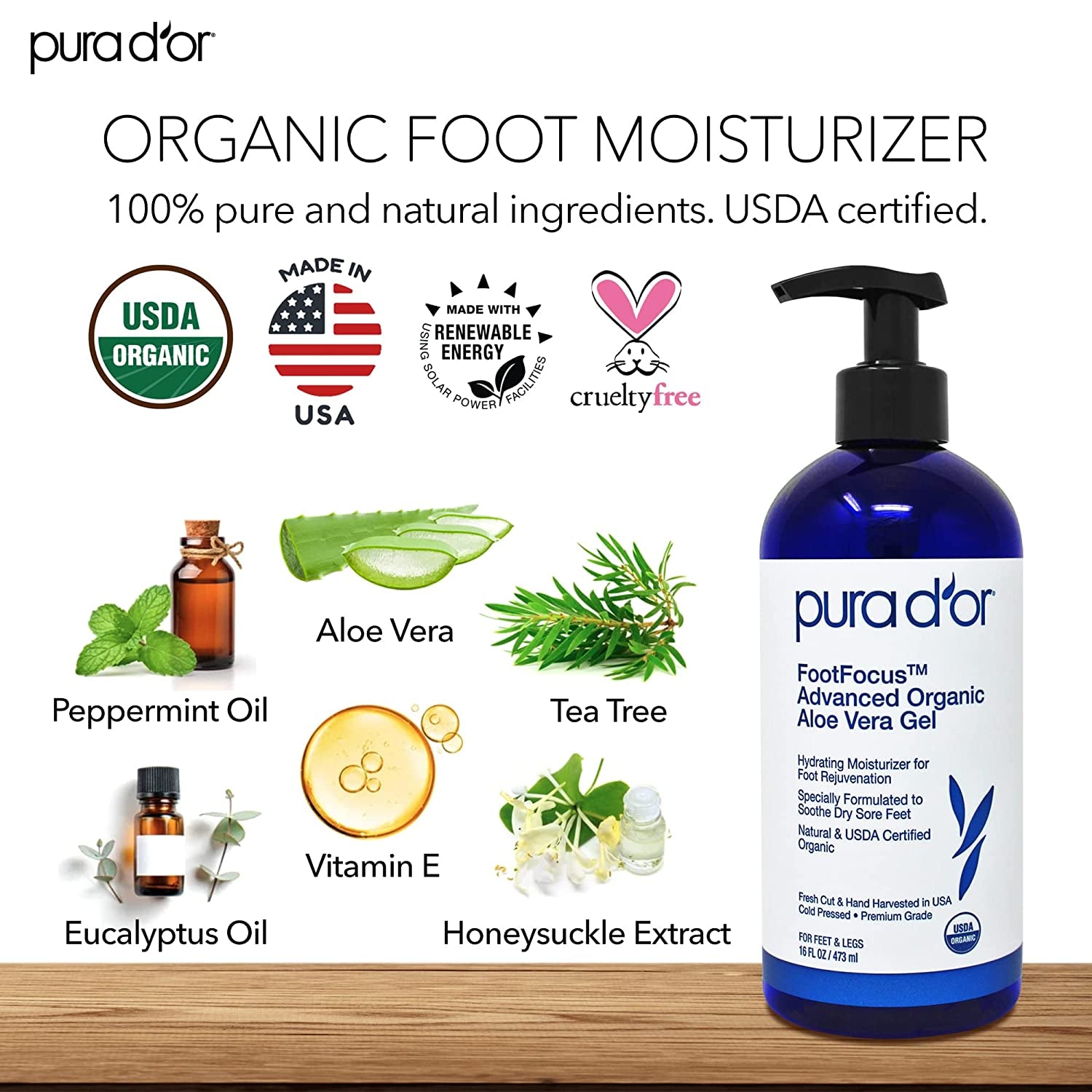 PURA D'OR Footfocus Advanced Organic Aloe Vera Gel (16Oz) Hydrating Moisturizing Foot Care - Rejuvenates & Soothes Dry, Sore Feet & Legs - Helps Reduce Odor - for Men & Women Health & Beauty > Personal Care > Foot Care PURA D'OR   
