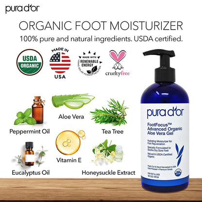 PURA D'OR Footfocus Advanced Organic Aloe Vera Gel (16Oz) Hydrating Moisturizing Foot Care - Rejuvenates & Soothes Dry, Sore Feet & Legs - Helps Reduce Odor - for Men & Women Health & Beauty > Personal Care > Foot Care PURA D'OR   