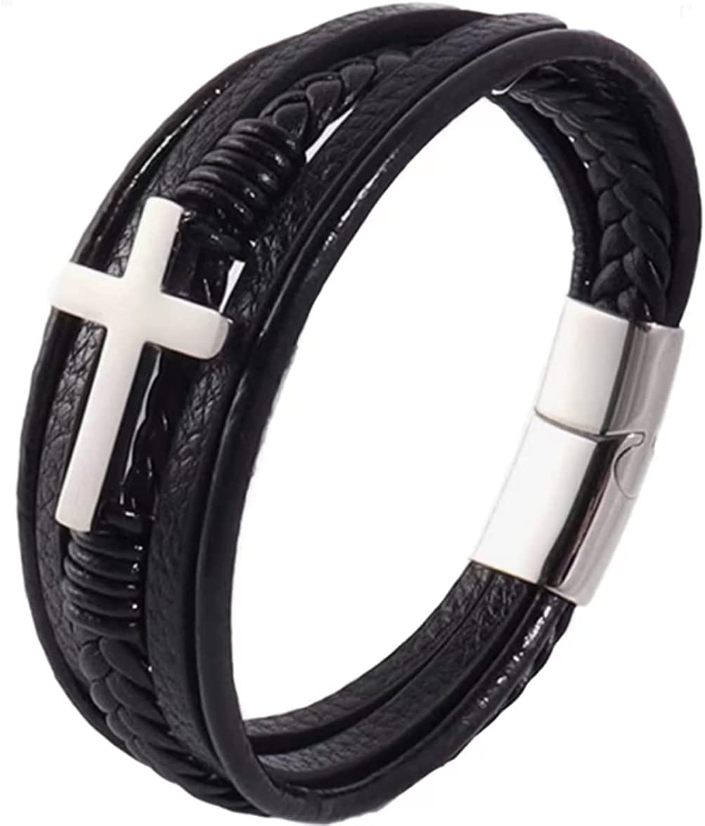 Stainless Steel Braided Leather Bracelet for Men Cuff Bangle Cross Magnetic Clasp 8.26 Inches Apparel & Accessories > Jewelry > Bracelets Generic Silver-9.06 inches  
