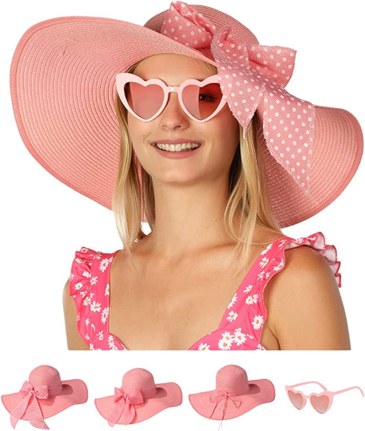 Funcredible Wide Brim Sun Hats for Women - Floppy Straw Hat with Heart Shape Glasses Apparel & Accessories > Clothing Accessories > Hats Funcredible Pink  