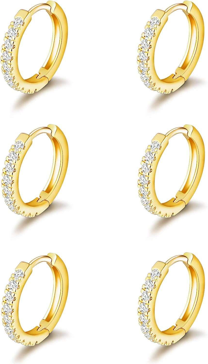 Micuco 3 Pairs Small Hoop Earrings Tiny Cartilage Earrings Cubic Zirconia Cuff Earrings White Gold Huggie Hoop Ear Piercing Earrings for Women 8Mm 10Mm 12Mm Apparel & Accessories > Jewelry > Earrings micuco 5# 14K Gold 8mm*3  