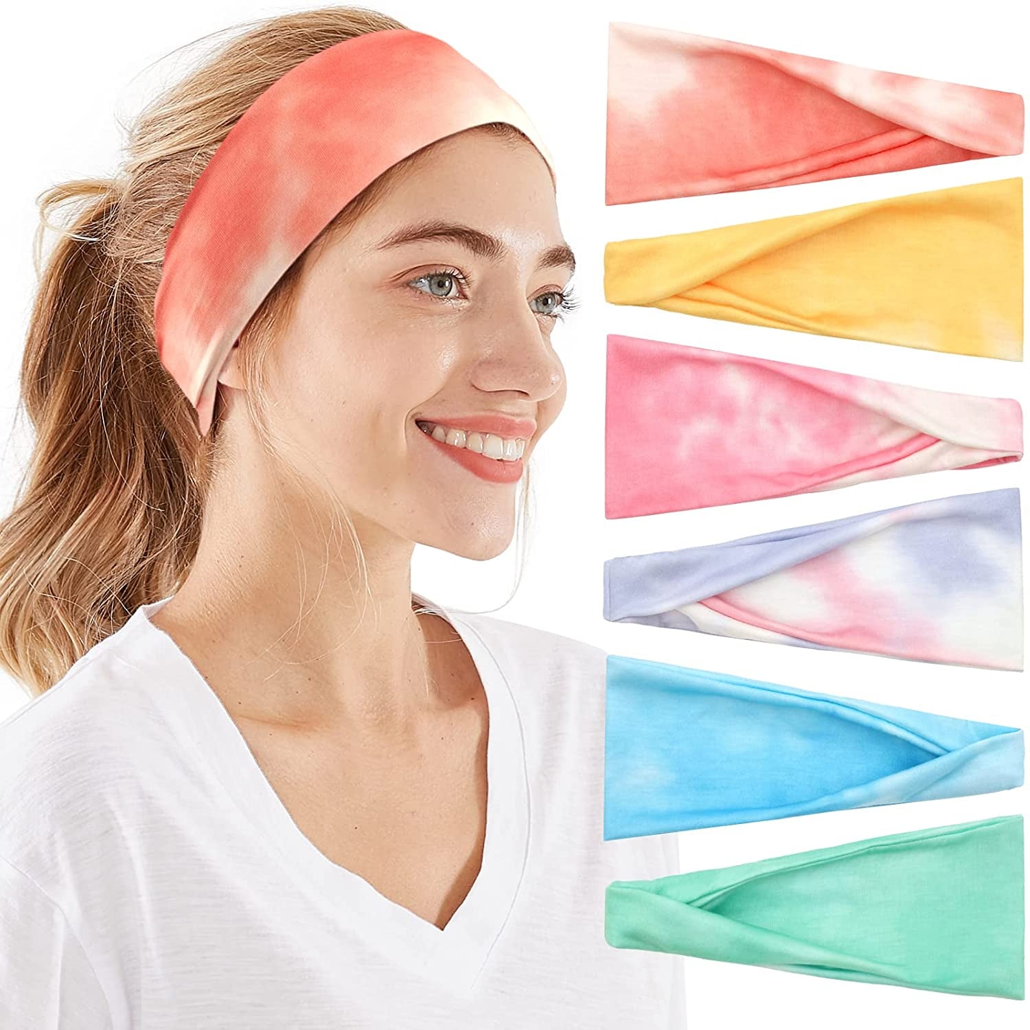 Headbands for Women, 6 PCS Yoga Running Sports Headbands Tie Dye Boho Pattern Elastic Non Slip Sweat Workout Hair Fashion Bands for Girls Apparel & Accessories > Clothing Accessories > Bandanas & Headties OFFTESTY Headbands Color-17  