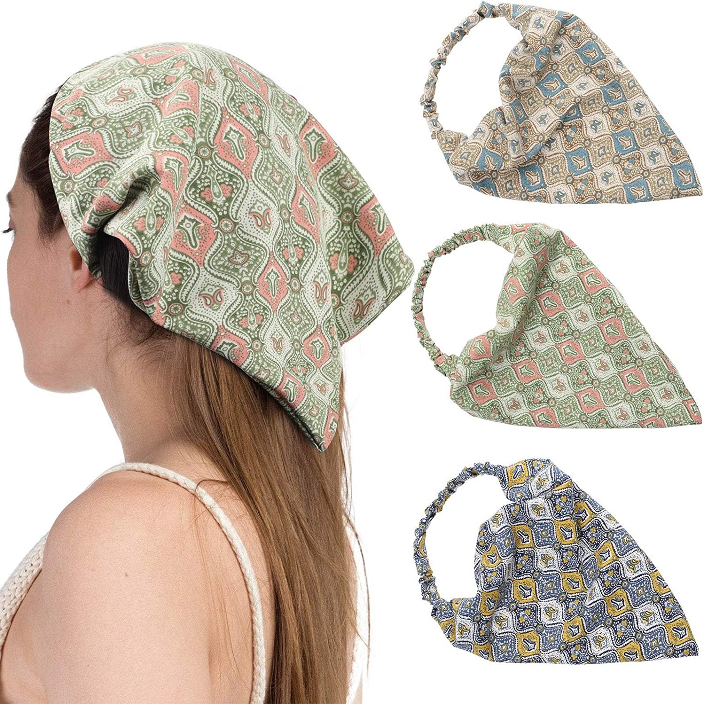 Floral Elastic Hair Scarf Headband - 3 PCS Chiffon Head Kerchief Headband Floral Hair Scarves with Hair Clips Hair Bandanas Apparel & Accessories > Clothing Accessories > Bandanas & Headties AWAYTR Paisley(blue/Green/Navy)  