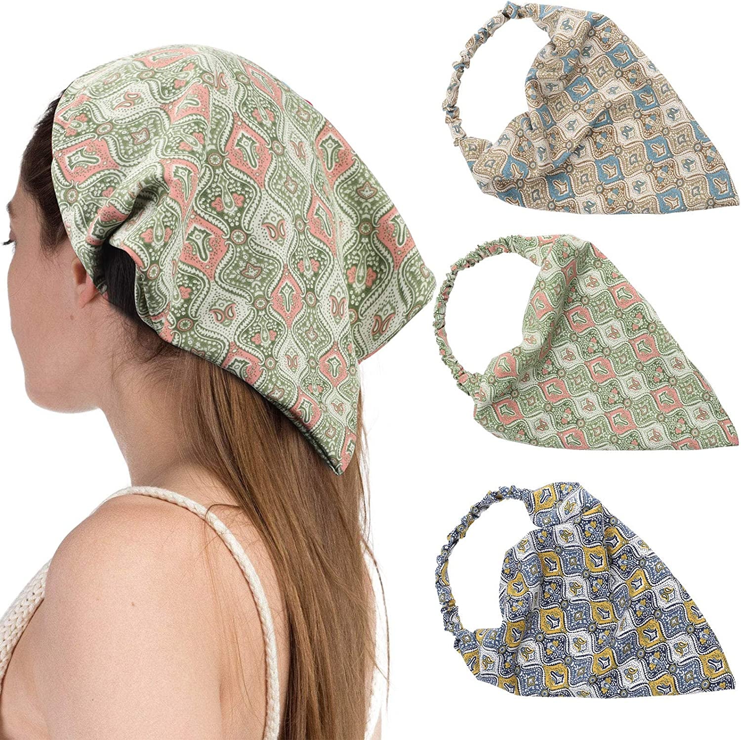 Floral Elastic Hair Scarf Headband - 3 PCS Chiffon Head Kerchief Headband Floral Hair Scarves with Hair Clips Hair Bandanas Apparel & Accessories > Clothing Accessories > Bandanas & Headties AWAYTR Paisley(blue/Green/Navy)  