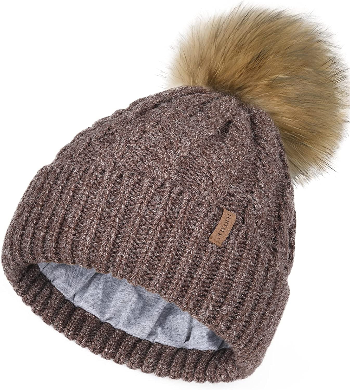 FURTALK Winter Beanie Hat for Women Cotton Lined Faux Fur Pom Pom Hats Womens Warm Thick Knit Skull Cap Apparel & Accessories > Clothing Accessories > Hats KYLIE MAX 31 Mixed Brown One Size 
