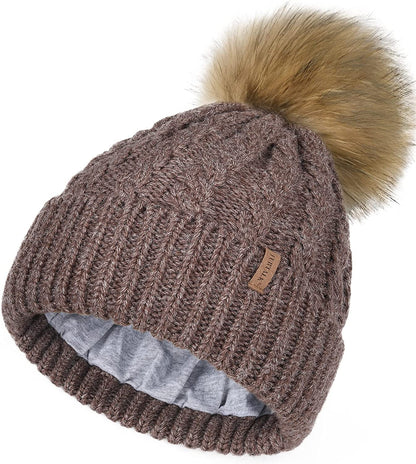 FURTALK Winter Beanie Hat for Women Cotton Lined Faux Fur Pom Pom Hats Womens Warm Thick Knit Skull Cap Apparel & Accessories > Clothing Accessories > Hats KYLIE MAX 31 Mixed Brown One Size 