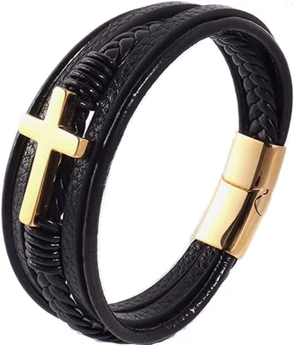 Stainless Steel Braided Leather Bracelet for Men Cuff Bangle Cross Magnetic Clasp 8.26 Inches Apparel & Accessories > Jewelry > Bracelets Generic Gold-9.06 inches  