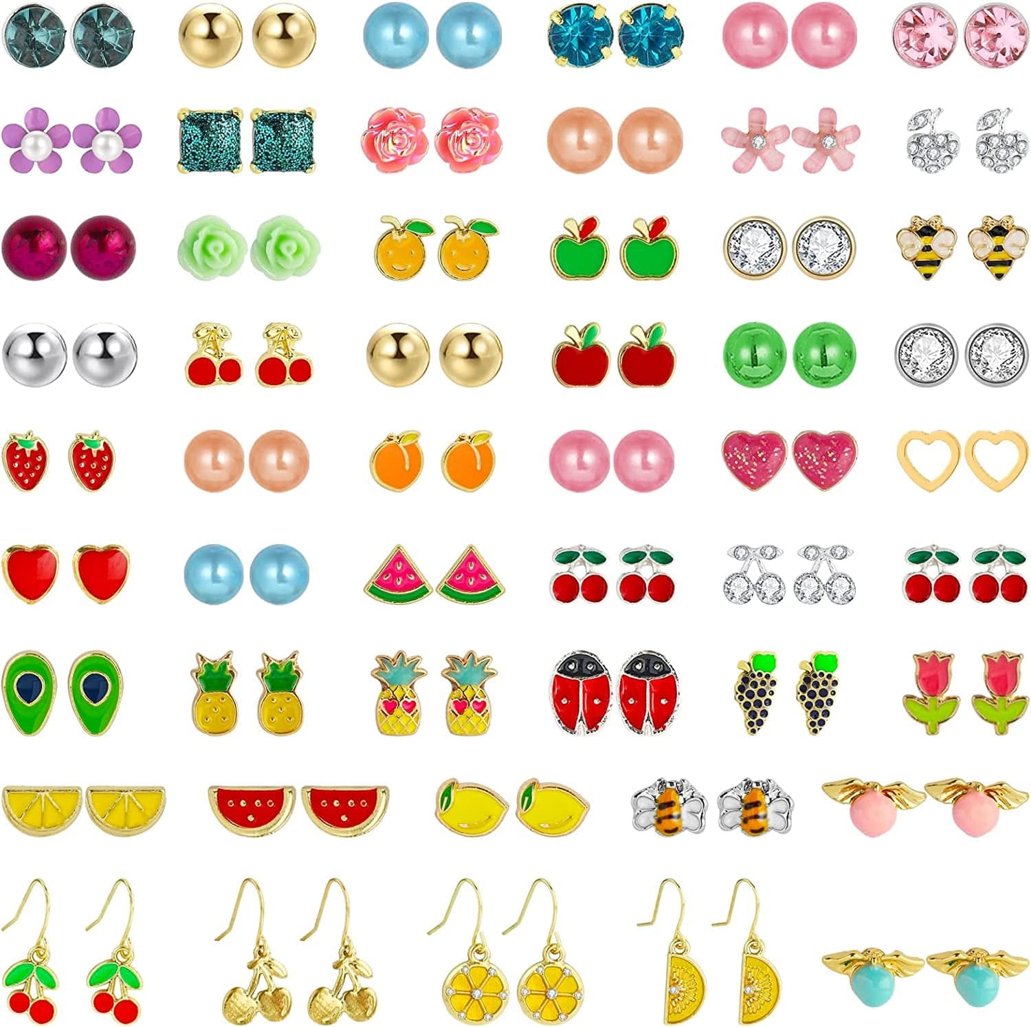 52 Pairs Colorful Cute Stud Earrings for Girls Hypoallergenic Earrings Stainless Steel Earrings for Girls and Women Fruit