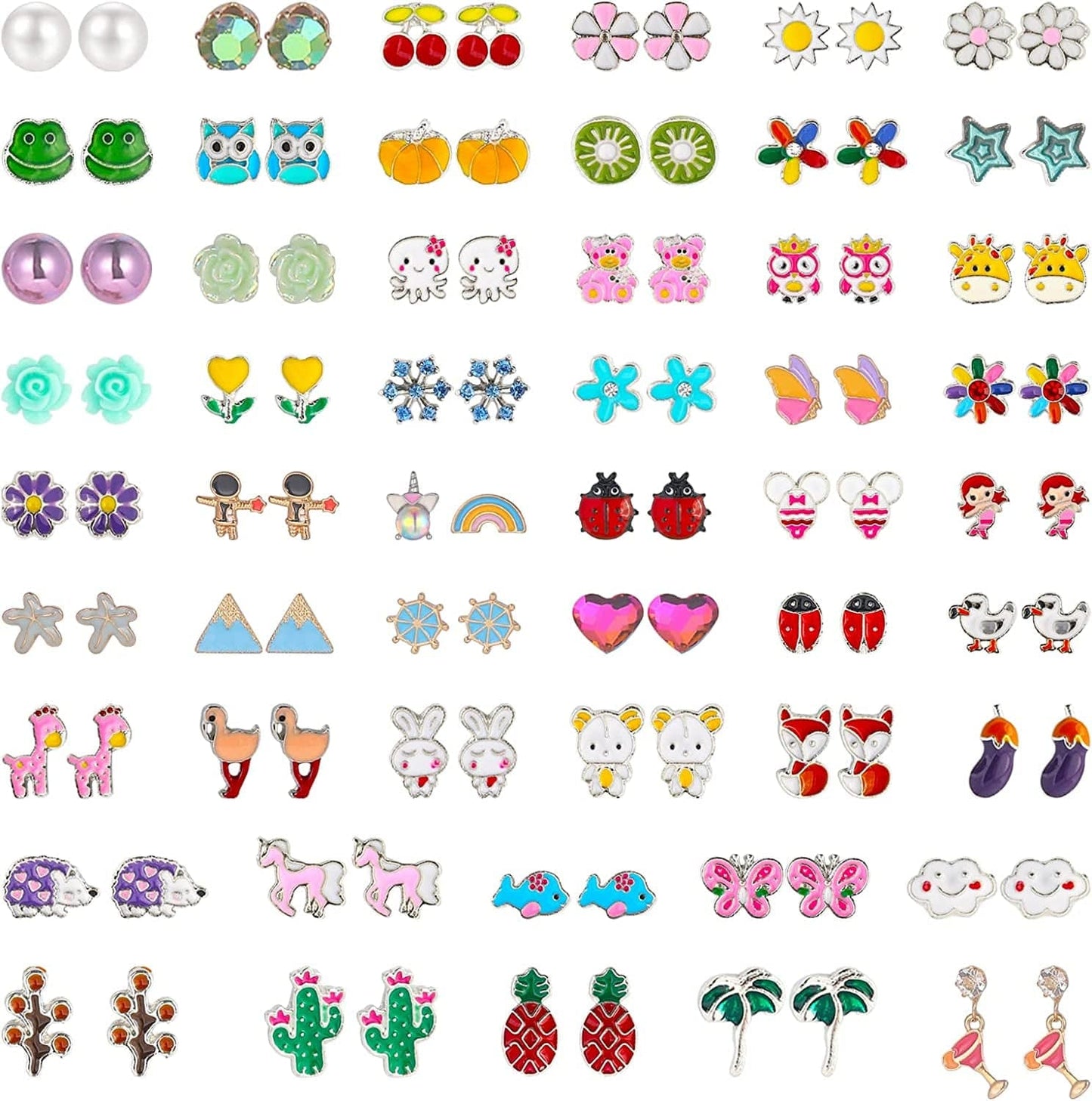 52 Pairs Colorful Cute Stud Earrings for Girls Hypoallergenic Earrings Stainless Steel Earrings for Girls and Women Holiday
