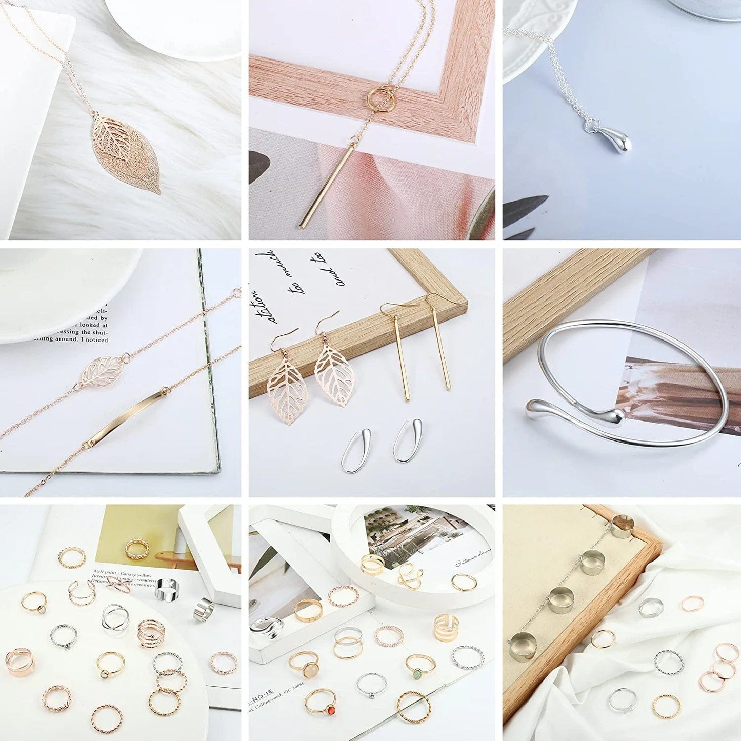 52 PCS Jewelry Set with 3PCS Necklace, 3PCS Bracelet, 3Pairs Dangle Earring, 43PCS Knuckle Rings Gold Silver Rose Gold Jewelry Sets for Women Valentine Anniversary Birthday Friendship Gift