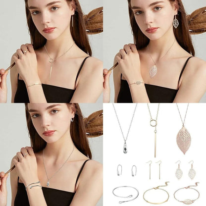 52 PCS Jewelry Set with 3PCS Necklace, 3PCS Bracelet, 3Pairs Dangle Earring, 43PCS Knuckle Rings Gold Silver Rose Gold Jewelry Sets for Women Valentine Anniversary Birthday Friendship Gift