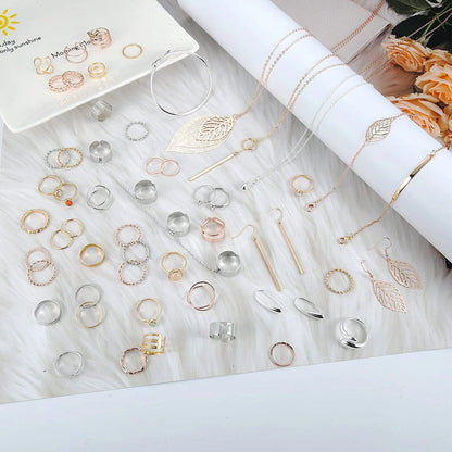 52 PCS Jewelry Set with 3PCS Necklace, 3PCS Bracelet, 3Pairs Dangle Earring, 43PCS Knuckle Rings Gold Silver Rose Gold Jewelry Sets for Women Valentine Anniversary Birthday Friendship Gift