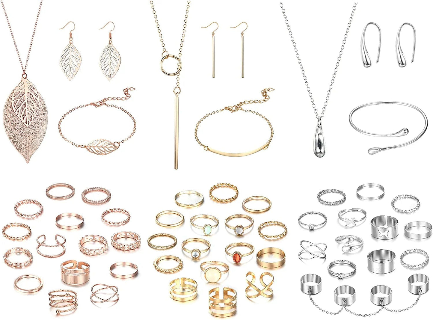 52 PCS Jewelry Set with 3PCS Necklace, 3PCS Bracelet, 3Pairs Dangle Earring, 43PCS Knuckle Rings Gold Silver Rose Gold Jewelry Sets for Women Valentine Anniversary Birthday Friendship Gift
