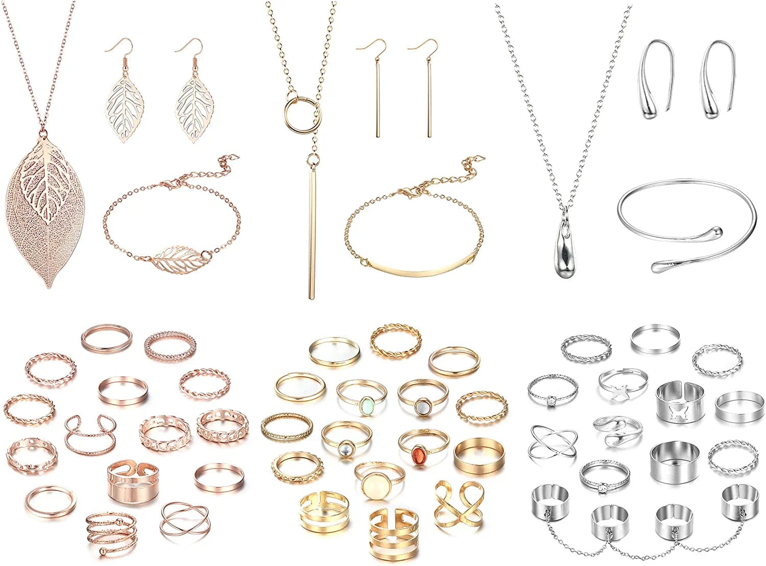 52 PCS Jewelry Set with 3PCS Necklace, 3PCS Bracelet, 3Pairs Dangle Earring, 43PCS Knuckle Rings Gold Silver Rose Gold Jewelry Sets for Women Valentine Anniversary Birthday Friendship Gift