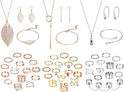 52 PCS Jewelry Set with 3PCS Necklace, 3PCS Bracelet, 3Pairs Dangle Earring, 43PCS Knuckle Rings Gold Silver Rose Gold Jewelry Sets for Women Valentine Anniversary Birthday Friendship Gift