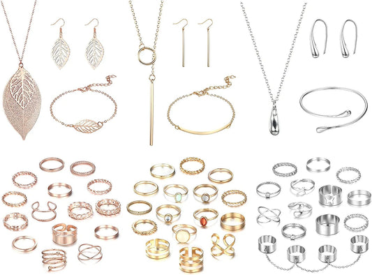 52 PCS Jewelry Set with 3PCS Necklace, 3PCS Bracelet, 3Pairs Dangle Earring, 43PCS Knuckle Rings Gold Silver Rose Gold Jewelry Sets for Women Valentine Anniversary Birthday Friendship Gift