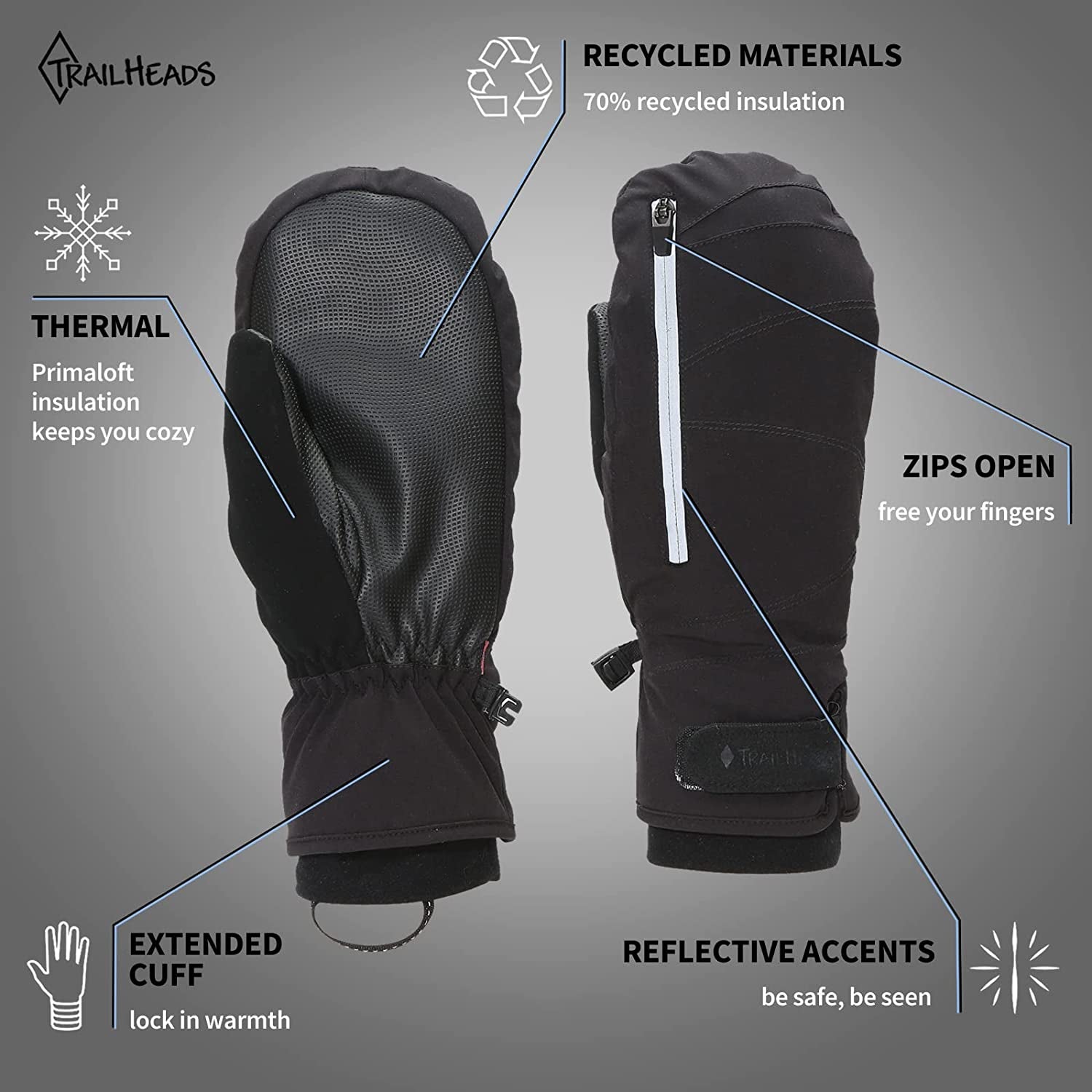 Trailheads Women’S Convertible Zip Mitts | Winter Running Mittens | Thermal Mittens for Cold Weather | Women’S Mittens for Outdoor Sports - Black Apparel & Accessories > Clothing Accessories > Gloves & Mittens TrailHeads   