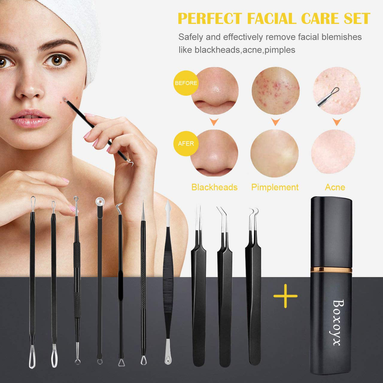 Pimple Popper Tool Kit - Boxoyx 10 Pcs Blackhead Remover Comedone Extractor Kit with Metal Case for Quick and Easy Removal of Pimples, Blackheads, Zit Removing, Forehead,Facial and Nose（Black) Health & Beauty > Personal Care > Cosmetics > Cosmetic Tools > Skin Care Tools Boxoyx   