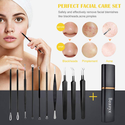 Pimple Popper Tool Kit - Boxoyx 10 Pcs Blackhead Remover Comedone Extractor Kit with Metal Case for Quick and Easy Removal of Pimples, Blackheads, Zit Removing, Forehead,Facial and Nose（Black) Health & Beauty > Personal Care > Cosmetics > Cosmetic Tools > Skin Care Tools Boxoyx   
