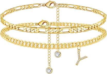 Initial Ankle Bracelets for Women, 14K Gold Plated Layered Initial Cubic Zirconia Ankle Bracelets Dainty Beach Letter Initial Anklet A-Z Gold Anklets for Women Teen Girls Foot Jewelry Gifts Apparel & Accessories > Jewelry > Anklets IEFSHINY Y  