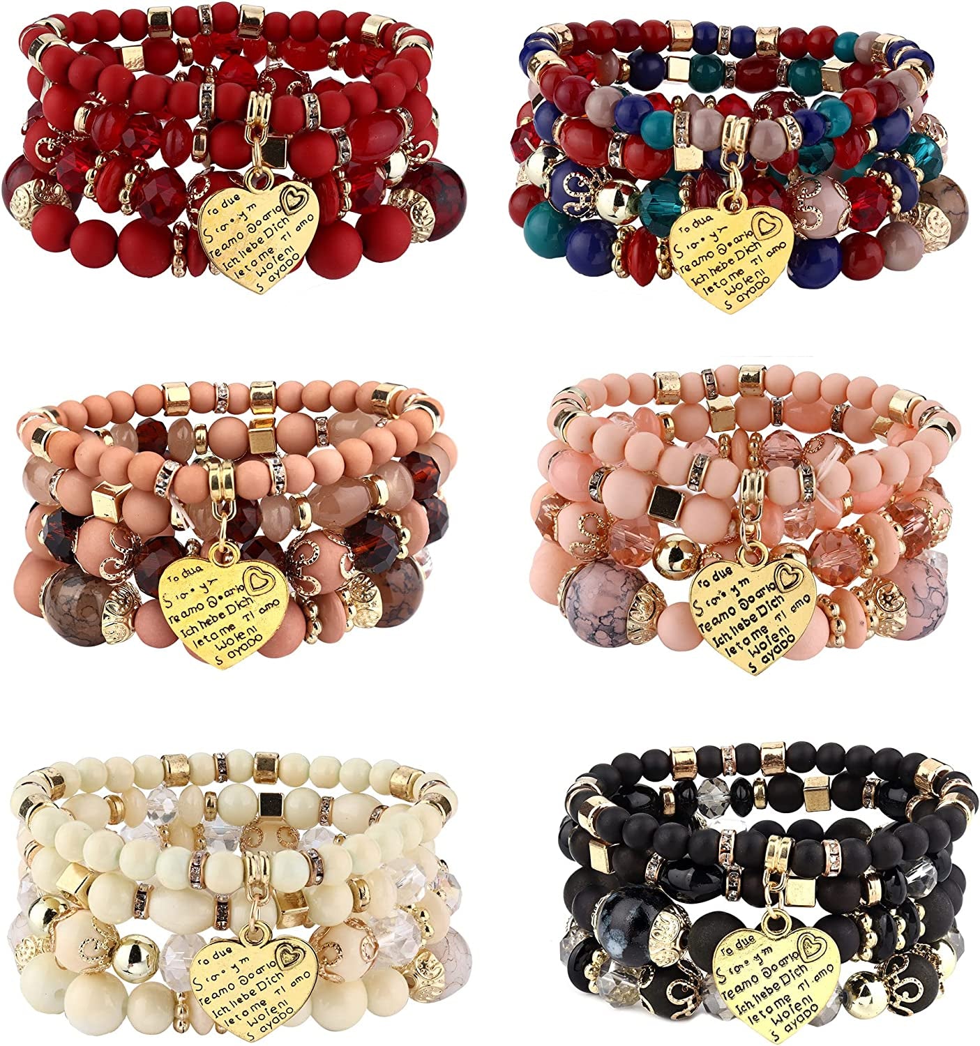 Jstyle Bohemian Stackable Bead Bracelets for Women 6 Sets Stretch Beaded Bracelets Multi-Color Boho Jewelry for Women Multilayer Bracelet Boho Apparel & Accessories > Jewelry > Bracelets Jstyle C:Stackable Bracelets with Heart Charm  